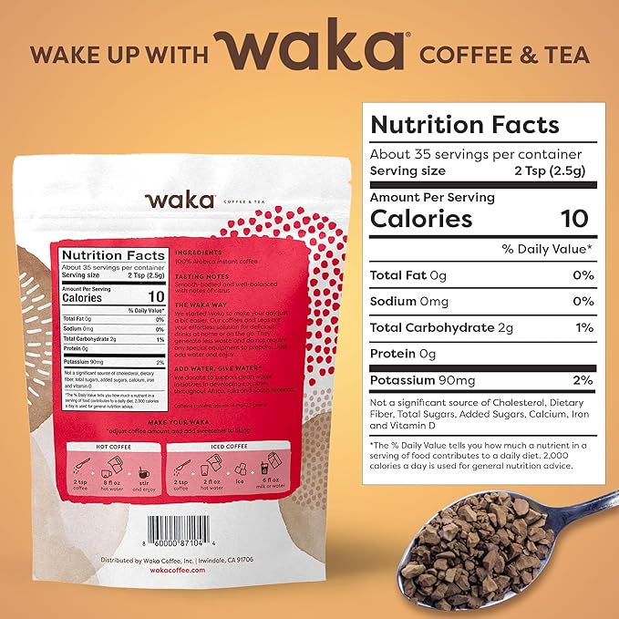 Waka Instant Coffee, Decaffeinated Medium Roast - 100% Arabica Colombian Beans, Freeze Dried Granules, No Sugar or Additives - Bulk Bag for Quick Hot and Iced Coffees, Up to 35 Cups (3.5oz)