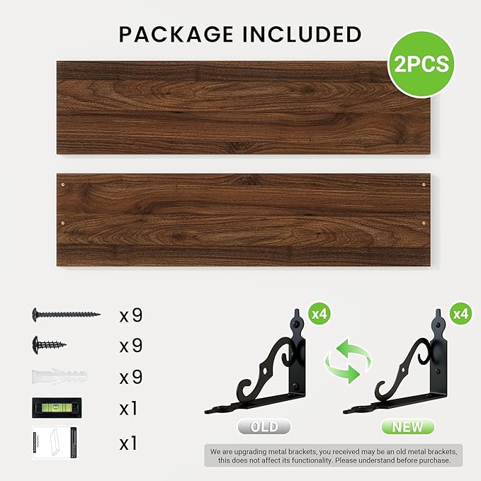 RICHFOCUS Floating Shelves for Wall Decor, 31.5W x 8D Shelves Set of 2, 8" Deep Rustic Wood Floating Shelves Wall Mounted with Metal Brackets, Shelves for Living Room Bedroom Kitchen, Walnut