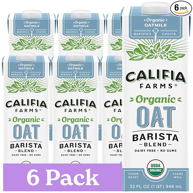 Califia Farms - Organic Oat Barista Blend, 32 oz (Pack of 6), Shelf Stable, Dairy Free, Plant Based, Vegan, Non GMO, Organic Milk, Creamer, Milk Frother, Oatmilk