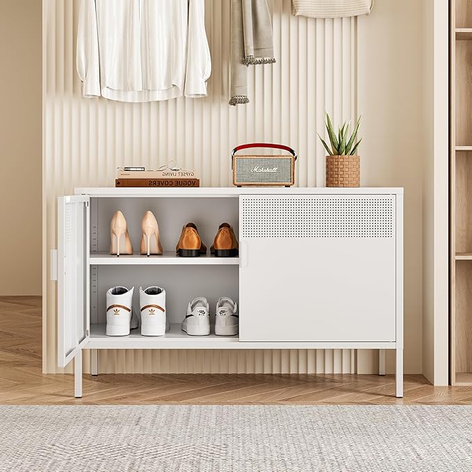 Metal Storage Cabinet with Doors,White Accent Cabinet,Metal Locker Storage Cabinets,2 Door TV Media Stand with Removable Shelves for,Home,Office,Entryway,Living Room