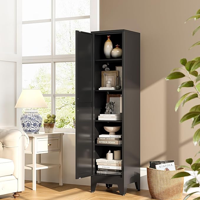 Tall Narrow Storage Cabinet, 67" Single Door Metal Storage Locker Cabinet, Freestanding Tall Kitchen Pantry Cabinets for Small Space
