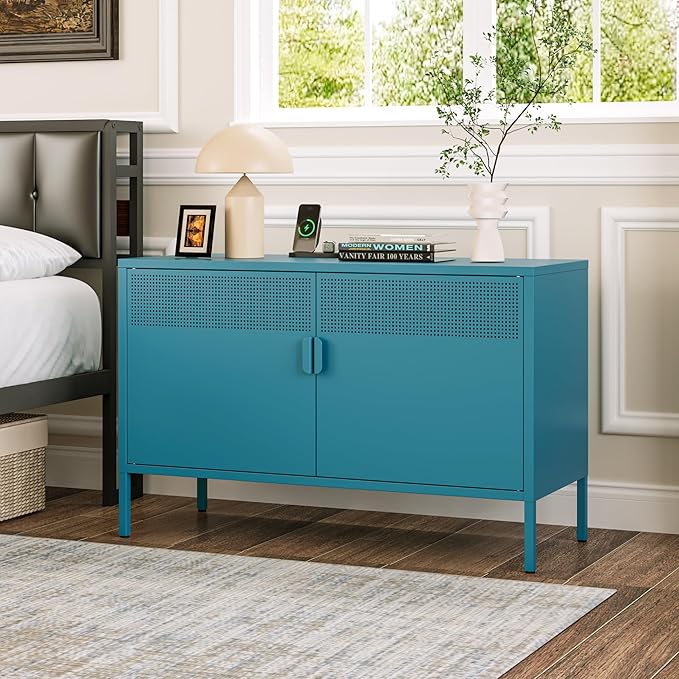 Metal Storage Cabinet with Doors,Blue Accent Cabinet,Metal Locker Storage Cabinets,2 Door TV Media Stand with Removable Shelves for,Home,Office,Entryway,Living Room