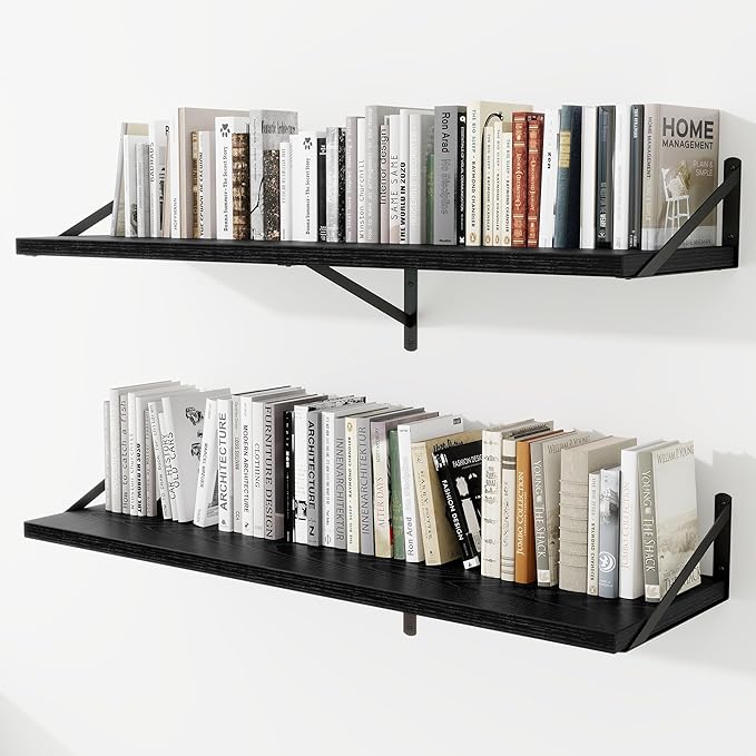 Deep Wall Shelves 48"W x 12"D Engineered Wood Floating Shelves for Wall, Sturdy Metal Bracket Bookshelves Home Decor Storage for Living Room Bedroom Bathroom Kitchen, Set of 2, Black Finish