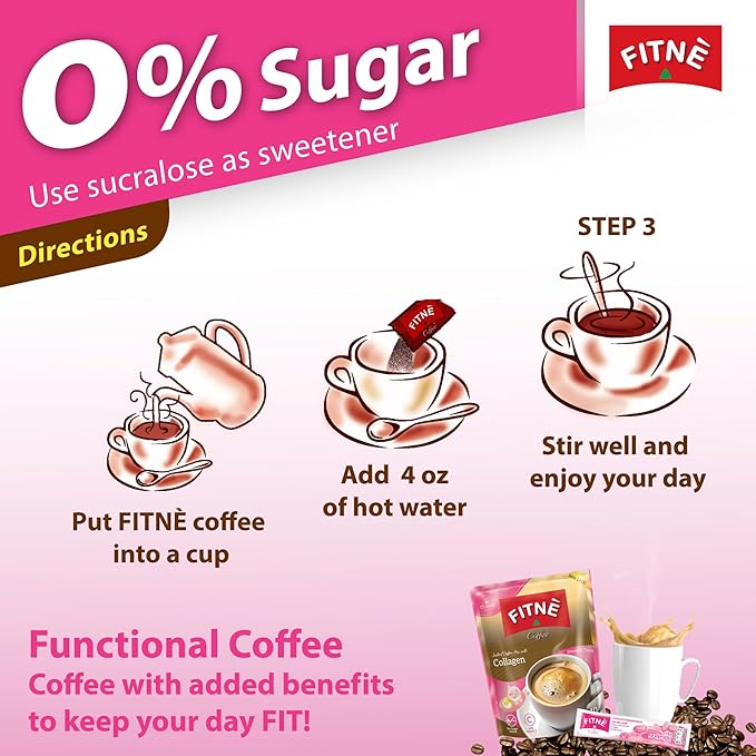 FITNE Instant 3 In 1 Coffee Packets Mix With Natural Hydrolyzed Collagen Vitamin C Smooth Blend Tasty Aromatic No Sugar Sucralose Sweetener, 30 Sachets