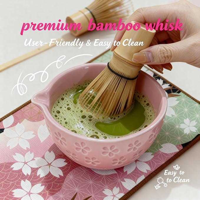 7 Pcs Matcha Kit for Matcha Lovers – Ceramic Matcha Bowl, Bamboo Whisk & Holder, Scoop, Scoop Rest, Metal Sifter and Tea Towel | Complete Matcha Tea Set for Home, Gift Set for Tea Lovers(Pink)