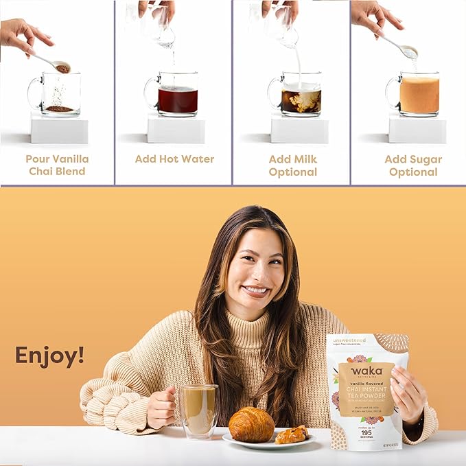 Waka Vanilla Chai Tea Powder Mix - 100% Tea Leaves from India, Natural Spices, Unsweetened Vegan Tea Powder - No Sugar, No Additives, Up to 195 Cups (4.5oz Pouch, 195 Servings)