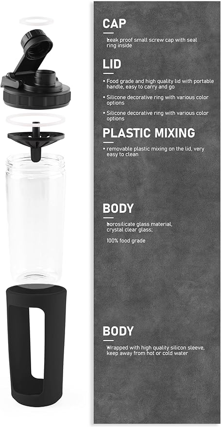 Glass Shaker Cup Odorless BPA Free– Glass Shaker Bottle for Protein 26oz Durable Borosilicate Glass, Leak-Proof & BPA-Free – Ideal for Creamy Protein Shakes, Smoothies & Workout Drinks (Black)