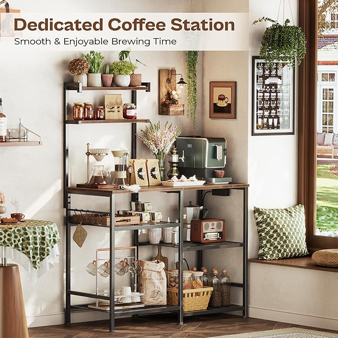 Huuger 39.4 Inch Bakers Rack with Power Outlets, Kitchen Microwave Stand with Storage, Coffee Bar with 4 Hooks, 3-Level Height Open Shelves, Rustic Brown