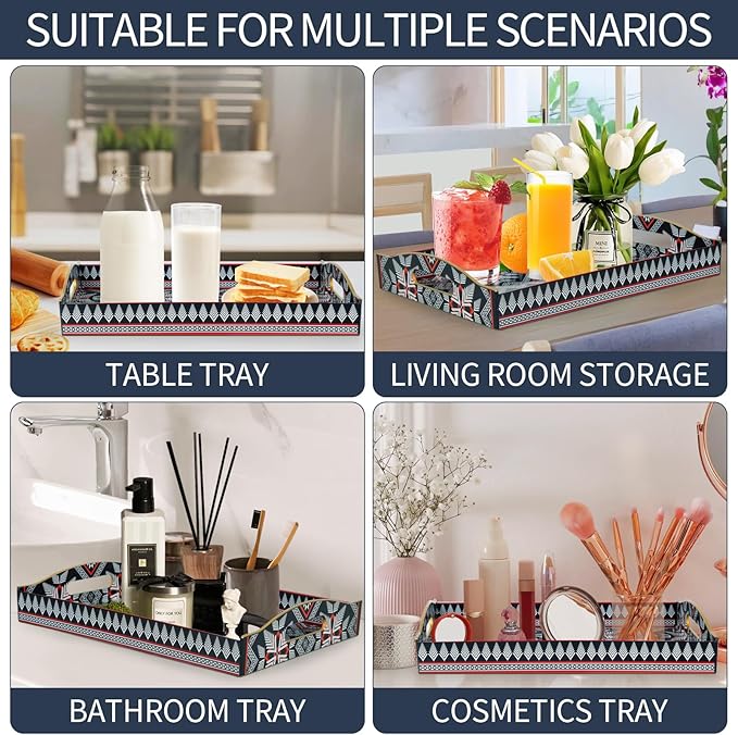 Boho Sturdy Acrylic Rectangular Serving Tray with Handles, 30x40, Beige, Plastic, Solid, Art Decorative Tray for Coffee Table, Food, Breakfast, Bathroom, Ottoman