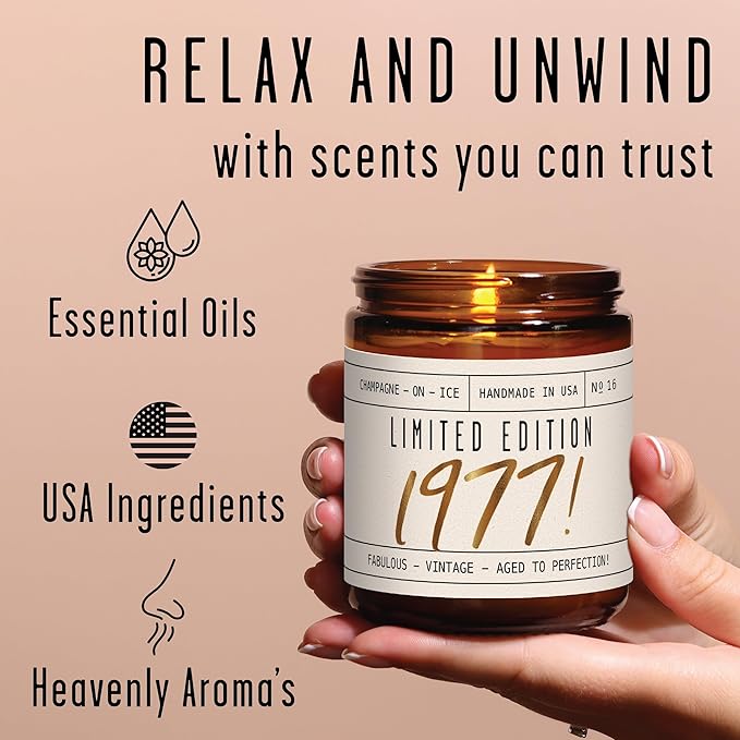 48th Birthday Gifts for Women - 'Limited Edition 1977' Soy Candle, w/Champagne on Ice I 48 Birthday Gifts for Women I 48th Gift for Her Ideas I 9oz Reusable Jar, 50Hr Burn, Made in USA