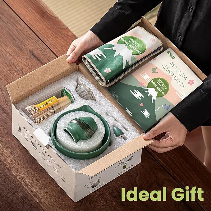 Clay&Fire Matcha Whisk Set，9 Pcs Ceramic Matcha Set, 15 OZ Matcha Bowl with Spout and Whisk，Matcha Kit for Friend, Ideal Gift for Matcha Lover（Dark Green）