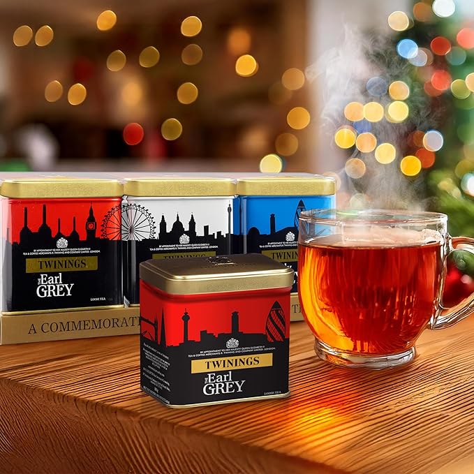 Twinings London Skyline Red, White, & Blue Commemorative Collection of Loose Leaf Teas, Limited Edition Gift Set, 100g Tins (Pack of 3), Original English Breakfast, The Earl Grey, & Lady Grey Tins