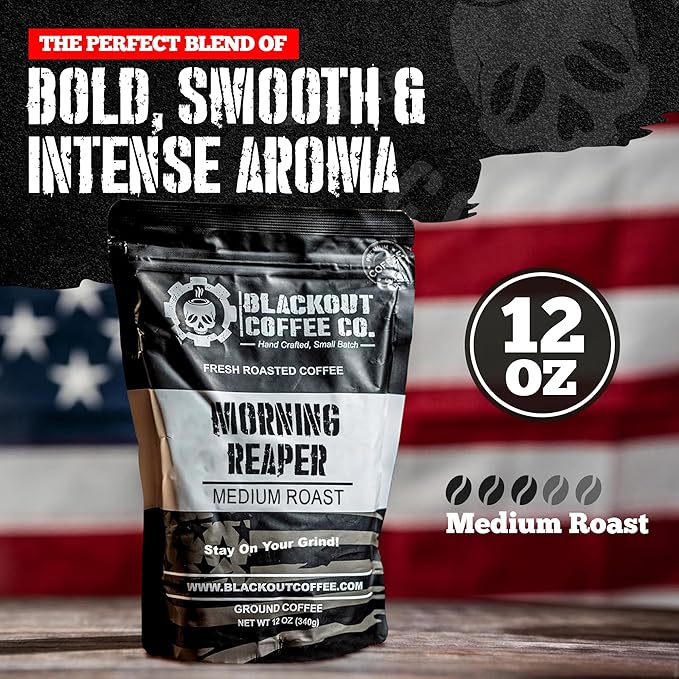 Blackout Coffee Morning Reaper Whole Bean Coffee – Medium Roast, Bold & Smooth Flavor, Non-Bitter – Freshly Roasted 12oz Bag.