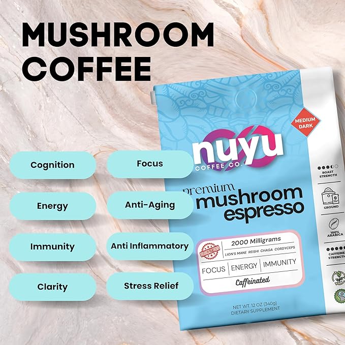 Nuyu Premium Mushroom Coffee, 12 oz, Fine Espresso Ground 100% Arabica, 2000mg Functional Mushrooms, Lion's Mane, Reishi, Chaga, Cordyceps for Cognition, Energy and Wellness (12oz, Espresso Roast)