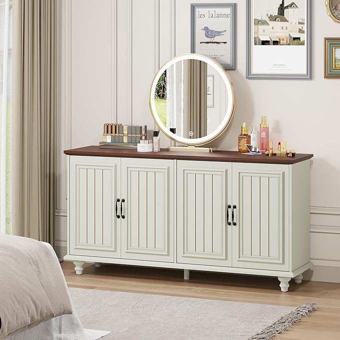 59" Sideboard Buffet Cabinet with Storage, Large Retro Credenza with 4 Doors & Adjustable Shelves Wood Rectangular Coffee Bar Table Console for Kitchen, Living Room, Hallway, Entry (Beige)