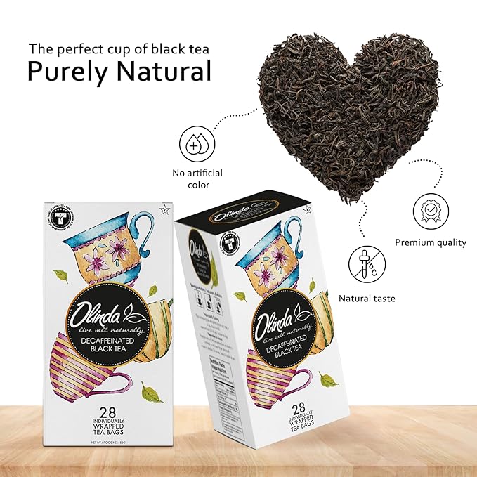 Olinda Organic Decaffeinated Black Tea 28 Individually Wrapped Tea Bags Gluten-Free Vegan Breakfast Black Tea Decaf