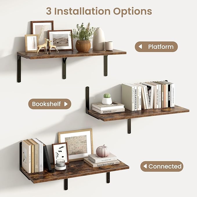 Fun Memories Rustic Brown 12 Inch Deep Floating Shelves Set of 2, Wall Mounted Shelf with Metal Brackets, Rustic Wood Wall Shelf for Bathroom, Kitchen and Living Room, Rustic Brown, 32W x 12D