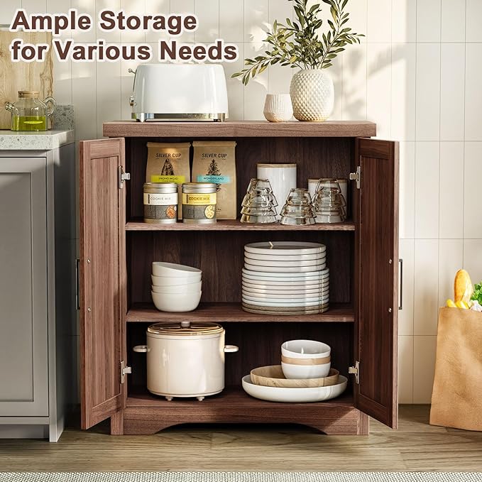 Fluted Buffet Cabinet with Storage Accent Sideboard,Modern Credenza with 2 Doors & Adjustable Shelves,Wood Coffee Bar Table Console for Dining Room Kitchen Living Room Entryway, Walnut
