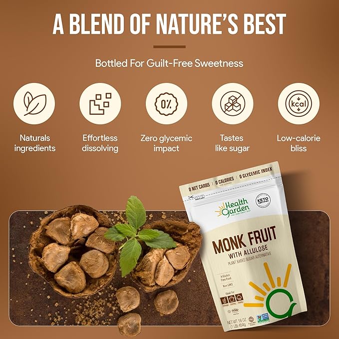 Health Garden Monk Fruit with Allulose Sweetener - Natural Plant-Based Sugar Alternative with Zero Calories - Ideal for Keto Diets, Gluten-Free, Vegan, and Non-GMO - 2.5lb