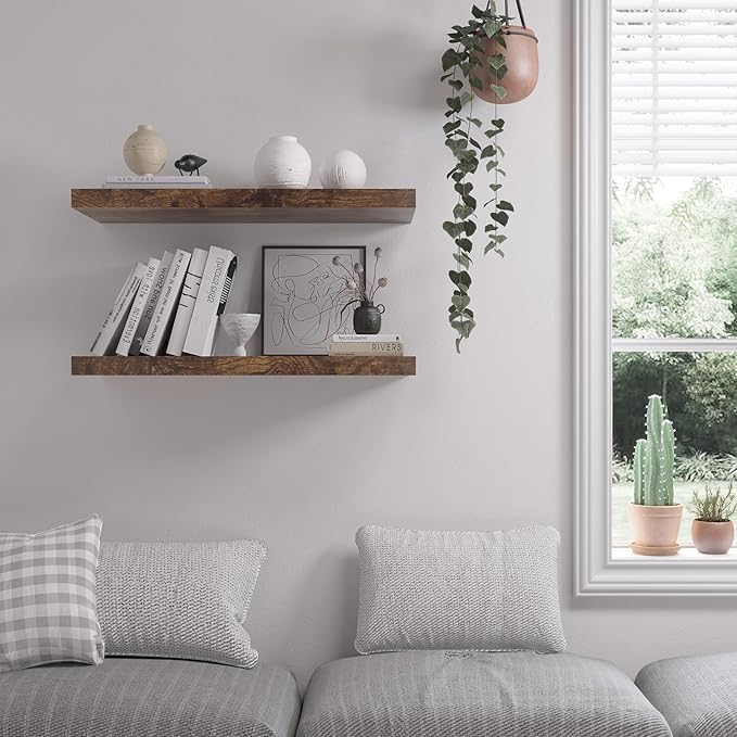 Floating Shelf, Set of 1 Wall Shelf, 24 in W x 12.75 in D x 2 in H Wooden Floating Wall Shelf with Invisible Brackets for Living Room/Bedroom/Bathroom/Kitchen Storage and Decor, Rustic Brown