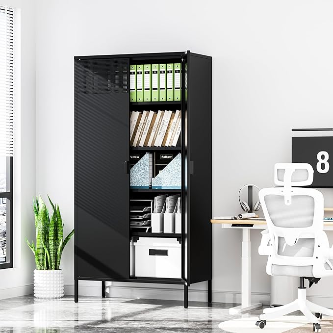 Black Metal Storage Cabinet with Doors and 4 Adjustable Shelves,Metal Locker Storage Cabinet, Metal Tool Cabinet, 71" Steel File Cabinet for Office, Home, Garage, School