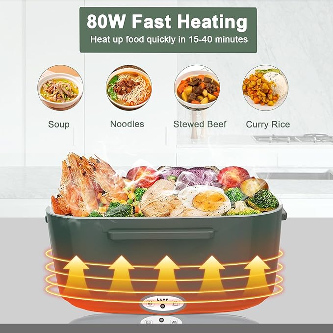 Electric Heated Lunch Boxes Adults: 80W Electric Lunch Box Food Heated 12/24/110V 1.5L Heatable Lunch Box for Car/Truck/Office Leak-Proof Stainless Steel Container,Fork & Spoon,Bag (Dark Green)