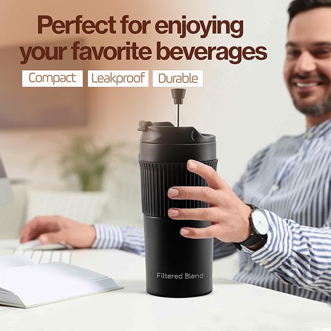 15oz Double Wall Stainless Steel Insulated French Press Coffee and Tea Maker - Portable Camping Mug and Tumbler - Heat Retaining, Leak-Proof, Travel-Friendly for Office and Outdoor Adventures (Silver)
