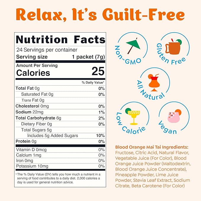 Craftmix Blood Orange Mai Tai Cocktail & Mocktail Drink Mixer, Skinny Mixes - Water Flavoring Packets - Made With Real Fruit - Vegan Low-Carb, Low-Sugar, Non-GMO, Dairy Free, Gluten Free, 24 Pack