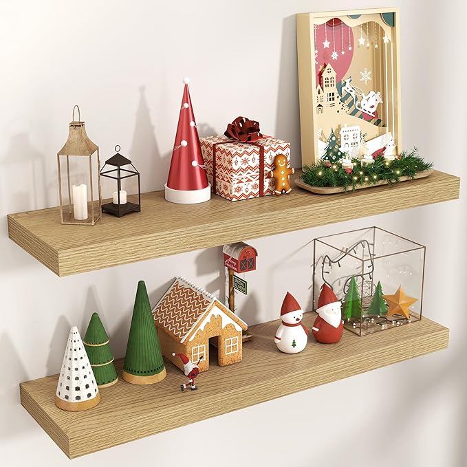 Floating Shelves for Wall, Engineered Wood Wall Shelves with Invisible Brackets for Living Room Bedroom Bathroom Office Kitchen Decor and Storage (Oak, 36" W x 9" D x 1.5" H) Set of 2