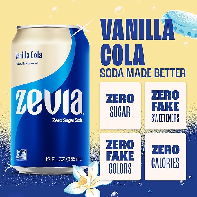 Zevia Zero Sugar Soda, Vanilla Cola, 12 oz Cans (24-Pack) – Naturally Sweetened, Non-GMO Project Verified, Gluten-Free, Vegan