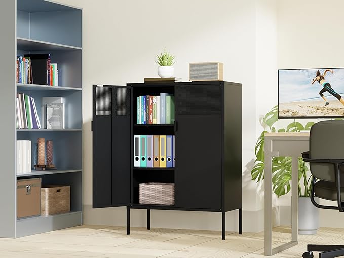 Metal Storage Cabinet,Kitchen Pantry Storage Cabinets with Doors,Buffet Cabinet with 2 Adjustable Shelves,Black Pantry Cabinets,Steel Sideboard for Home,Shoes,Office,Dining Room