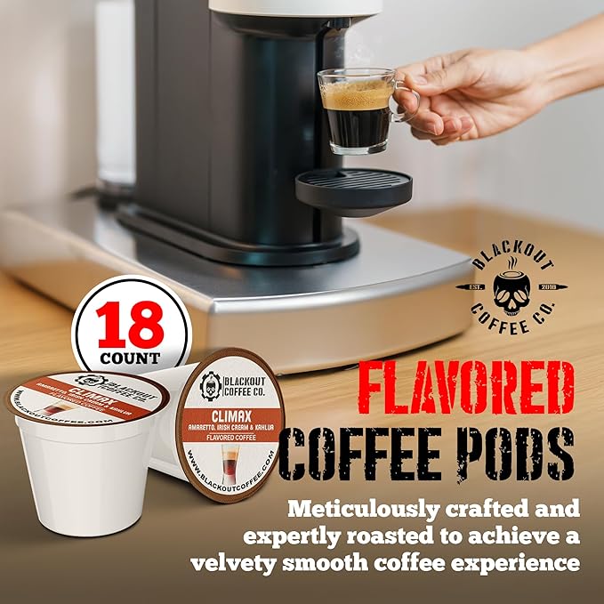 Blackout Coffee CLIMAX Amaretto, Irish Cream & Kahlua Flavored Coffee Pods – Premium Arabica, Smooth Taste, Guilt-Free Indulgence – 18 Count Single Serve Coffee pods