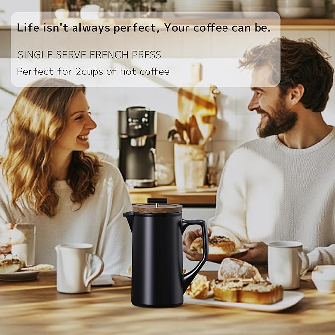 DHPO Ceramic French Press Coffee Maker, 22oz Single Serve Coffee Press with Walnut Wood Lid, Lead-Free, Food Grade Stainless Steel Filter with Dual Screen for Coffee and Loose Tea, Black