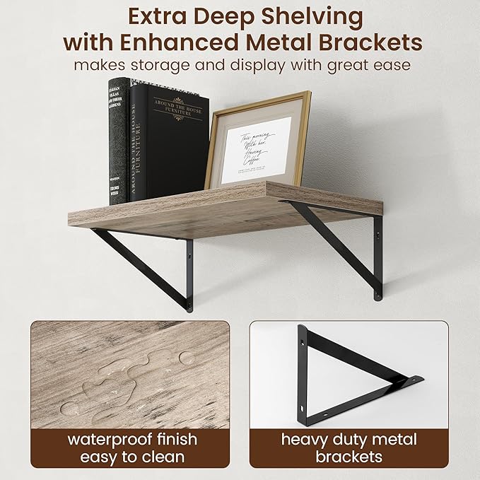 Axeman Deep Floating Shelves - 20 Inch Floating Shelves Set of 2-12 Inch Deep Grey Wall Shelves for Living Room Bathroom Kitchen