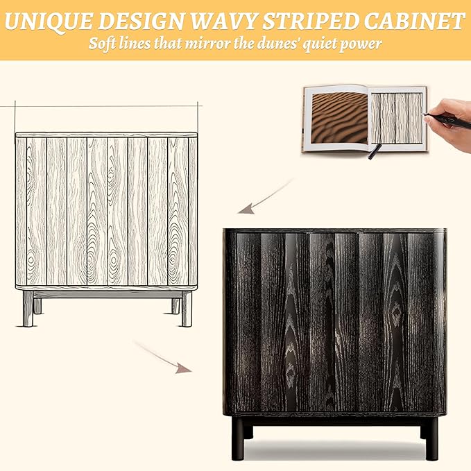 Wave Fluted Buffet Cabinet,30'' Tall Sideboard Storage with 2 Doors & Adjustable Shelves for Dinning Room, Kitchen, Living Room,Coffee Bar (29''W-Black)