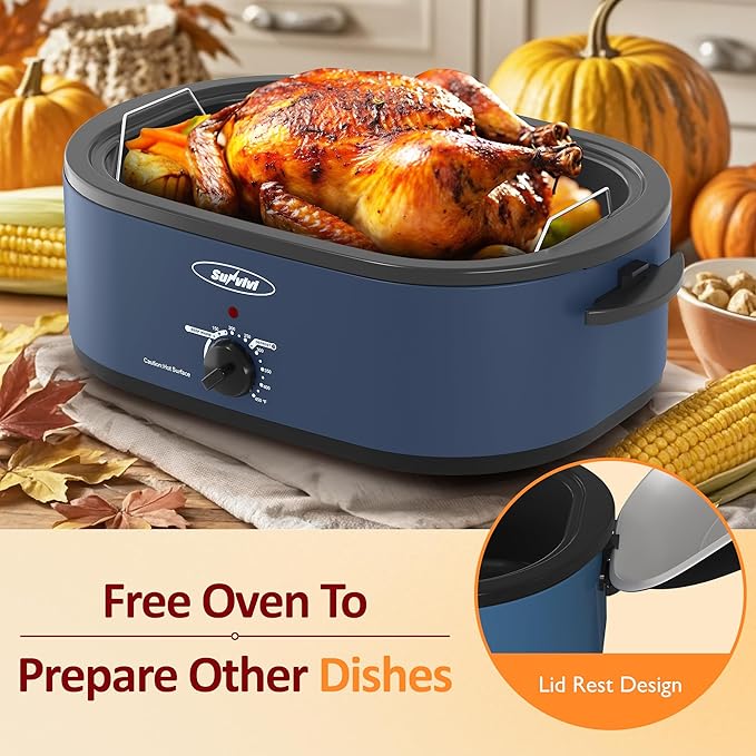 Sunvivi Electric Roaster, Roasting Oven with Self-Basting Lid Removable Pan, 20 Quart Turkey Roaster Oven with 150 to 450F Temperature Control Cool-Touch Handles, Blue