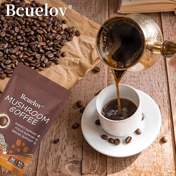 Mushroom Coffee,Instant Coffee with 6 Adaptogenic Mushrooms (Cordyceps, Lion’s Mane, Shiitake, Turkey Tail) for Better Energy, Focus, Positive Mood & Immune Support - 30 Servings