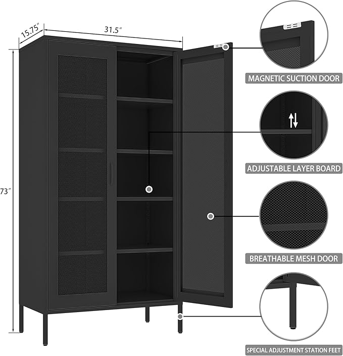 Metal Storage Cabinet,72H Display Cabinets with Adjustable Shelves and 2 Mesh Door,Pantry Organizers and Storage, Black Storage Cabinet for Home,Office,Garage,Bathroom