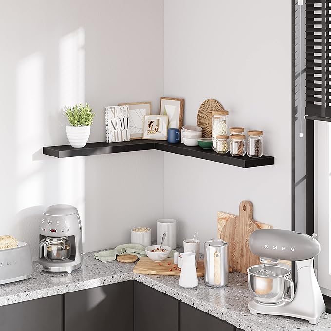 BAMEOS Floating Shelves, 31W x 8D Black Wall Mounted Wooden Shelves with Invisible Brackets Set of 2, Hanging Wall Shelves Decoration for Bedroom, Bathroom, Living Room and Kitchen