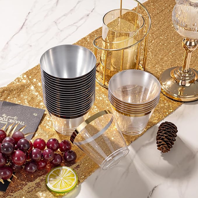 WELLIFE 120PCS Black and Gold Cups,9 OZ Clear Plastic Cups,Disposable Wine Glasses for Parties,Plastic Cocktail Glasses(60 Gold, 60 Black)