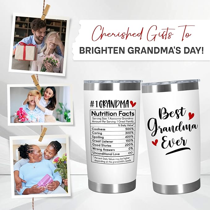 TEEZWONDER Christmas Birthday Gifts for Grandma from Granddaughter Grandson - Stainless Steel Insulated Coffee Tumbler with Lid 20 oz - Grandma Gifts for Women, Nana Gift Ideas, Gigi Gift for Women
