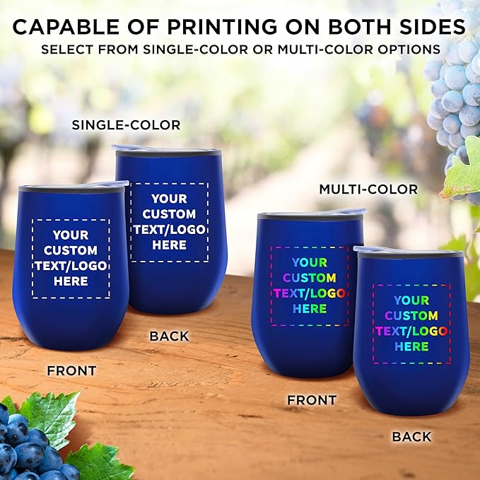 Custom Stemless Wine Tumblers 12 oz. Set of 12, Personalized Bulk Pack - Insulated, Perfect for Wine, Cocktails, Other Hot & Cold Beverages - Blue
