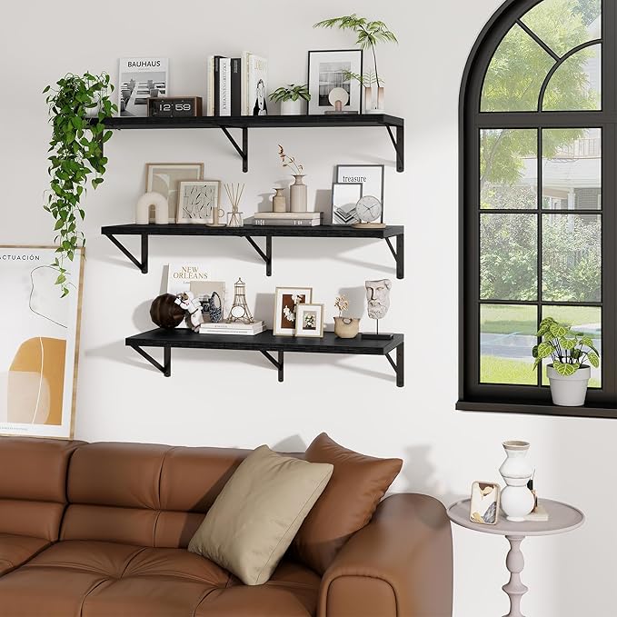 Deep Wall Shelves 55"W x 12"D Engineered Wood Floating Shelves for Wall, Sturdy Metal Bracket Bookshelves Home Decor Storage for Living Room Bedroom Bathroom Kitchen, Set of 2, Black Finish
