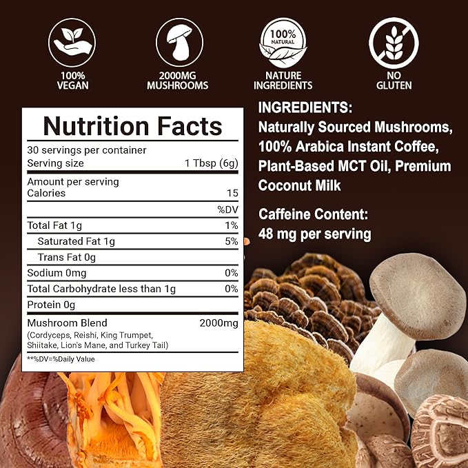 Instant Mushroom Coffee Mix with Lion's Mane, Cordyceps & Turkey Tail | 6-Superfood Blend | Keto & Paleo Friendly | 6.35oz Pouch (30 Servings)
