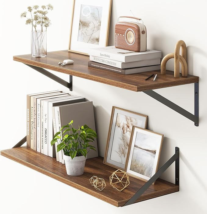 10 Inch Deep Floating Shelves, Walnut Floating Shelves 30 Inch Long, Rustic Wood Wall Shelves 30"W x 10"D, Deep Floating Shelf with Bracket, Wide Storage Shelves for Books, Living Room, Bathroom