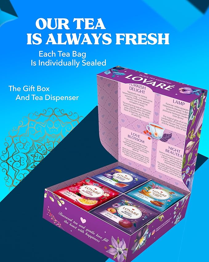LOVARE Oriental Assorted Tea Variety Pack 32 Pack - Black tea blend, Made in Ukraine - Tea Bags Individually Wrapped - Turkish Delight, Aladdin Lamp, Love Blossom, Night Beautea - Assorted Tea Bags Variety Pack