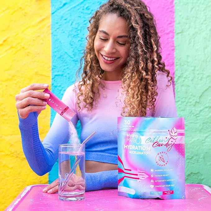 HydroMATE Electrolytes Powder No Sugar Cotton Candy - 16 Sticks Instant Hydration Packets with Vitamin C to Boost Energy - Sugar Free Electrolytes to Support Hydration on Keto Diet & Party Recovery