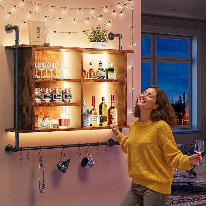 REIBII 4-Tier Industrial Pipe Shelving, 37.4" Kitchen Shelf with LED Light, Floating Shelves with 8 S-Hooks for Kitchen, Living Room, Home Office Bar, Rustic Brown
