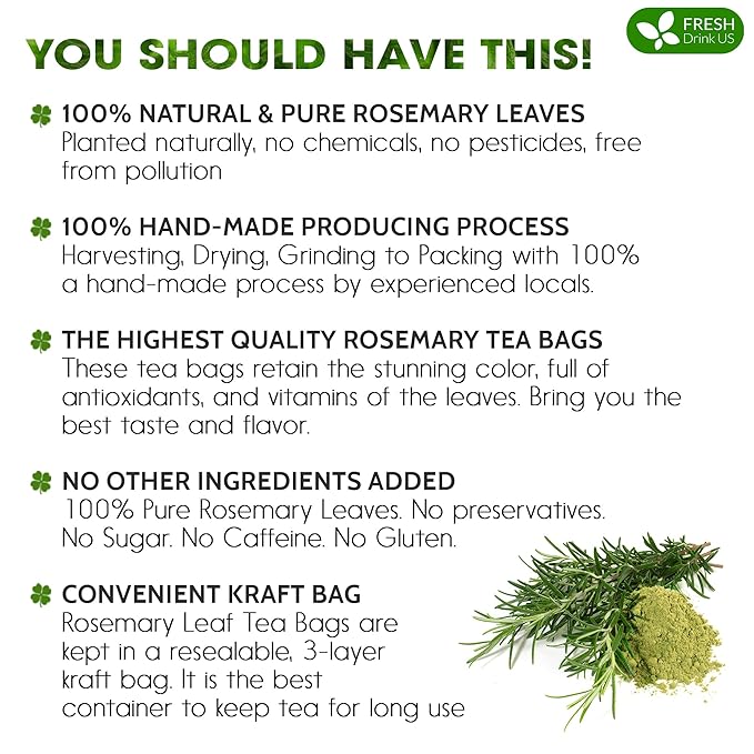FreshDrinkUS, Premium 100 Rosemary Leaf Tea Bags, Made with 100% Natural Rosemary Dried Leaves, Pure Herbal Tea, No Additives, No Caffeine, No Gluten, Vegan.