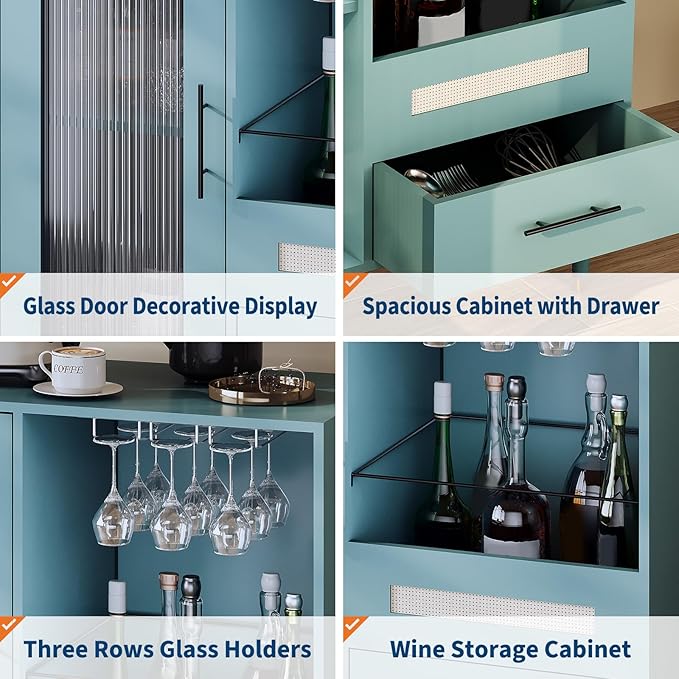 Garvee Wine Bar Cabinet with Tempered Glass Door & Rack, 30.7" Freestanding Modern Buffet Sideboard for Dining Room, Kitchen Coffee Bar & Liquor Storage Cabinet with Drawers and Glass Holder